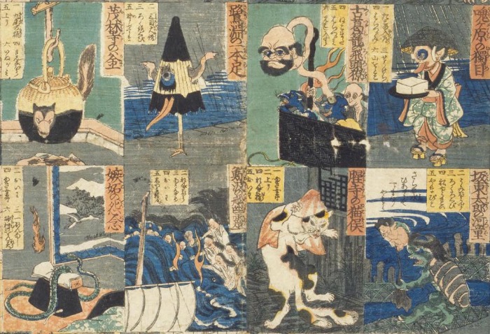Kara-kasa y otros yokai en el Banashi Bakemono Sugoroku, de Utakawa Yoshikazu.